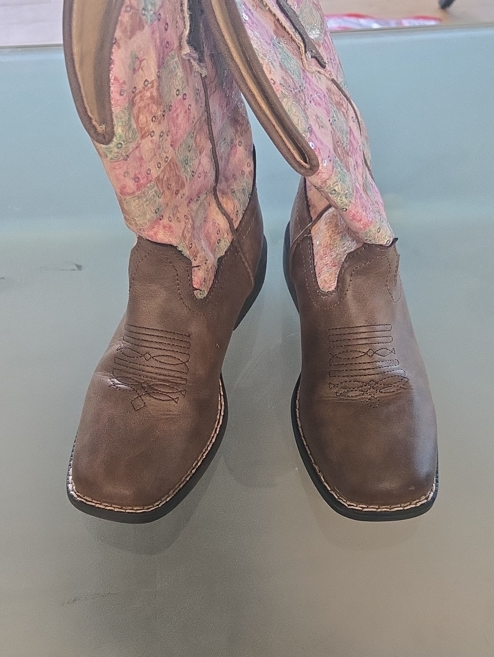 Roper Brown Leather Western Cowboy Boots with Pink Floral Shaft